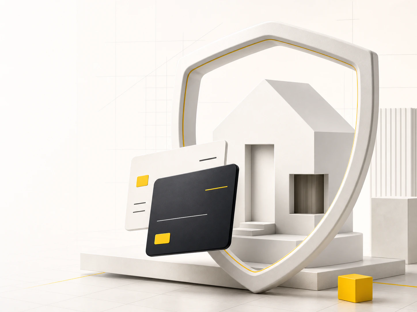 Weiße 3D-Komposition aus Schutzschild, Haus und Einkommenskarten